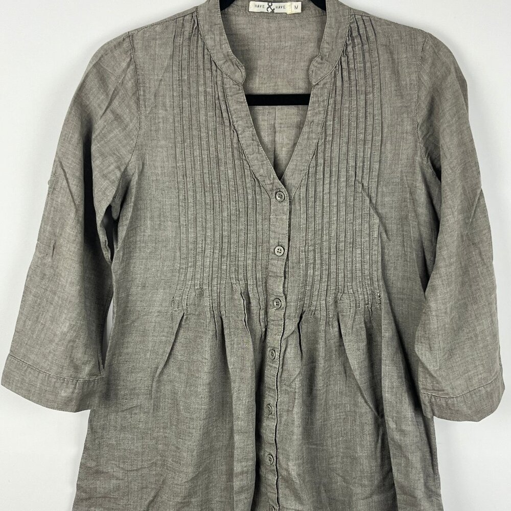 Have & Have Shirt Dress Short Size M Gray 3/4 Sleeve V Neck Button Down Cotton